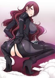 artist_request ass blush bodysuit cameltoe female from_behind gun hair_over_one_eye high_heels holster huge_breasts long_hair looking_at_viewer looking_back mitsuru_kirijo nipples panty_lift panty_pull persona persona_3 persona_4_arena purple_hair shiny shiny_clothes sideboob skin_tight solo squatting thong very_long_hair weapon