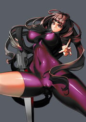 bodysuit breasts brown_eyes brown_hair cameltoe female gunblade long_hair navel nipples serenaq solo standing tight_clothes weapon