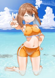 beach blue_eyes breasts brown_hair cameltoe erect_nipples female female_only human human_only large_breasts may_(pokemon) navel pokemon short_hair sideboob skin_tight sky smile solo swimsuit toranoe