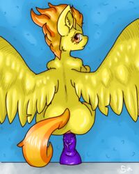 absurdres anal anal_insertion anal_sex ass dildo equine feral friendship_is_magic fur highres insertion lube mammal my_little_pony overhead pegasus poisindoodles sex_toy signature solo spitfire_(mlp) spread_wings two_tone_hair wings wonderbolts_(mlp) yellow_eyes yellow_fur