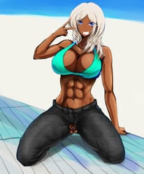 1girls abs beach bikini_top blue_eyes breasts censored crotch_cutout dark-skinned_female dark_skin denim ear_piercing earrings female fingernails grin gyaru highres jeans jewelry kneeling kuro_gyaru large_breasts lipstick long_fingernails long_hair makeup midriff mumumu_(gurudebaruden) muscle muscular_female nail_polish navel_piercing original pants piercing pubic_hair pussy silver_hair smile solo v