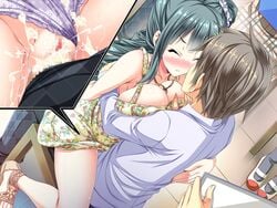 1boy blush breast_grab breasts brown_hair censored change!_ano_musume_ni_natte_kunkun_peropero cleavage closed_eyes covered_penetration cum drill_hair female green_hair large_breasts long_hair pussy sex sex_under_skirt sitting_on_lap sneaky standing_sex stealth stealth_sex