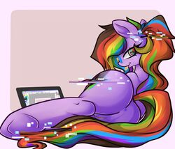 abstract_background anus ass bedroom_eyes clitoris computer cutie_mark equine eyewear female furry glasses glitchy hair hooves horse long_hair looking_at_viewer looking_back lying mammal multicolored_hair my_little_pony on_side original_character pony presenting pussy rainbowscreen rainbowscreen_(character) raised_tail smile solo tongue