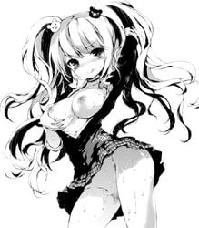 :q arm_up blush breast_grab breasts censored choker contrapposto cowboy_shot cum cum_on_body cum_on_breasts cum_on_lower_body cum_on_upper_body danganronpa danganronpa_1 female gyaru junko_enoshima koshika_rina long_hair monochrome mosaic_censoring no_panties open_clothes skirt solo straight_hair tied_hair tongue tongue_out twintails