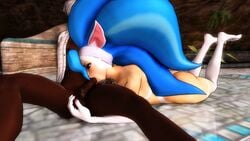 3d blue_eyes blue_hair capcom cat catgirl clothed_male_nude_female dark-skinned_male dark_skin darkstalkers felicia_(darkstalkers) feline fellatio hair highres indoors interracial long_hair lying male oral testicles the-hanyou