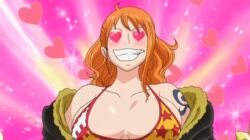 1girls ahe_gao animated artist_request bikini_bra bikini_top blush body_swap breast_fondling breasts canon_bodyswap cigarette female female_only fur_coat genderswap_(mtf) heart_eyes hourglass_figure huge_breasts human nami nami_(one_piece) nami_(sanji) one_piece ope_ope_no_mi post-timeskip rule_63 vinsmoke_sanji voluptuous