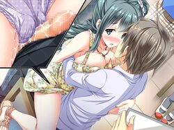 bare_shoulders blush breast_grab breasts brown_hair cameltoe cautious censored change!_ano_musume_ni_natte_kunkun_peropero copyright_request covered_penetration female green_eyes green_hair large_breasts long_hair open_mouth sex sex_under_skirt sitting_on_lap sneaky solo stealth stealth_sex