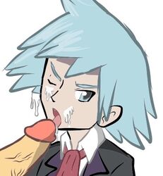 2boys artist_request clothed cum facial fellatio gay looking_at_viewer male_only open_mouth oral penis pokemon steven_stone_(pokemon) yaoi