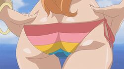 1girls animated animated_gif bikini bikini_top breasts busty cleavage female female_only gif huge_breasts human log_pose long_hair nami one_piece one_piece_film_z post-timeskip rainbow_bikini screencap solo stretching voluptuous