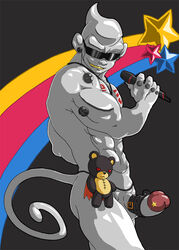 1boy 2014 5_fingers abs anthro ass bandai biceps bodybuilder bottomless digimon digimon_(species) doll ear_piercing erection eyewear gold golden_teeth grey_body grin hair humanoid_penis japanese_text kanai_(artist) large_penis leather_straps looking_at_viewer male male_only mammal metaletemon microphone monkey muscular_male necklace nude pecs penis piercing primate rainbow singer smile solo standing stars sunglasses teeth testicles text topless uncensored warumonzaemon