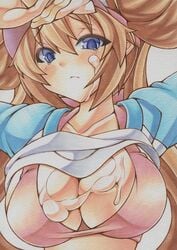 blonde_hair blue_eyes blush breasts brown_hair cleavage cum cum_on_body cum_on_breasts cum_on_upper_body double_bun facial female large_breasts long_hair looking_at_viewer marker_(medium) millipen_(medium) nintendo pokemon pokemon_bw2 purple_hair rosa_(pokemon) shirt_lift solo tears tied_hair traditional_media twintails visor_cap yutakasan-love