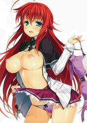 1girls ahoge aqua_eyes areolae blush breasts breasts_out exposed_breasts female high_school_dxd highres large_breasts long_hair manga_cover nipples open_mouth panties red_hair rias_gremory solo undressing yuuki_hagure