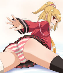 ass blonde_hair emilia_percival phantasy_star phantasy_star_portable_2 pov red_eyes striped striped_panties