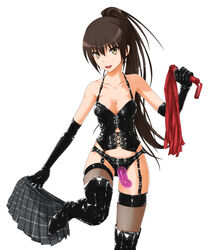 bare_shoulders black_hair bondage boots breasts brown_eyes cleavage dildo dominatrix elbow_gloves female fishnet_legwear fishnets garter_straps gloves high_heel_boots high_heels latex latex_gloves leather long_hair long_ponytail looking_at_viewer nm_(tshell2761) original plaid_skirt ponytail presenting_strap-on simple_background skirt skirt_removed smile solo strap-on thigh_boots thighhighs tied_hair whip white_background