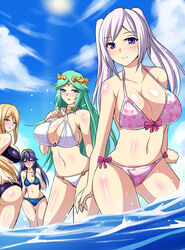 4girls ass bare_shoulders bikini blonde_hair blue_eyes blue_hair blush breast_envy breasts cleavage cloud crossover eyelashes female fire_emblem fire_emblem_awakening green_eyes green_hair hair_ornament huge_breasts human kid_icarus large_breasts long_hair looking_at_viewer looking_back lucina_(fire_emblem) metroid midriff multiple_girls navel nintendo nishida_megane ocean open_mouth outdoors palutena ponytail purple_eyes robin_(fire_emblem) robin_(fire_emblem)_(female) samus_aran sky smile sun super_smash_bros. swimsuit tiara tied_hair twintails water white_hair