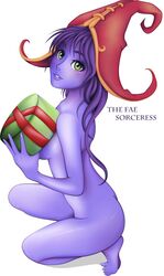 ass bare_legs bare_shoulders barefoot blush feet female gift green_eyes hair hat highres holding_gift kneeling league_of_legends legs lips looking_at_viewer looking_up lulu_the_fae_sorceress no_shoes nude purple_hair purple_skin riot_games shiny shiny_skin smile solo toes white_background witch_hat