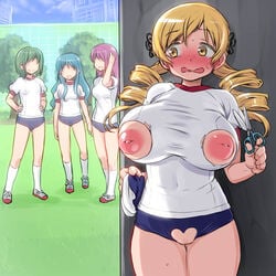 4girls 774_(nanashi) areolae blonde_hair blue_hair breasts buruma drill_hair embarrassed exhibitionism functionally_nude green_hair gym_uniform huge_breasts inverted_nipples long_hair mahou_shoujo_madoka_magica multiple_girls nipples pink_hair public_nudity puella_magi_madoka_magica revealing_cutout scissors short_hair tied_hair tomoe_mami twin_drills twintails uncensored yellow_eyes