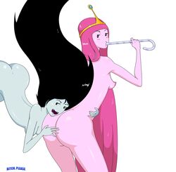 2girls adventure_time ass ass_grab bitch_please black_hair blush breasts candy_cane canon_couple circlet erect_nipples fangs fellatio_gesture female highfive long_hair marceline multiple_girls nipples nude pale_skin pink_hair pink_skin princess_bubblegum standing vampire