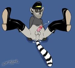 1boy after_sex all_hail_king_julien anthro ass balls biting_lip blue_background boots closed_eyes clothes cum cum_inside cum_on_ass cum_on_ground cumshot datsexylemur dreamworks erection footwear fur grey_fur hat highres king_julien leather legs_up lemur lying madagascar_(series) male male_only mammal on_back orgasm penis perspective primate sheath simple_background solo spread_legs spreading unseen_character