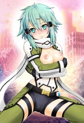 aqua_eyes aqua_hair asada_shino bare_breasts bike_shorts black_gloves blush breast_hold breasts breasts_out chaps female fingerless_gloves gloves gun_gale_online harukigenia looking_at_viewer nipples no_bra pov pov_eye_contact scarf short_hair sinon solo sword_art_online sword_art_online:_phantom_bullet