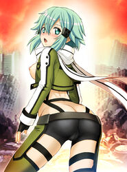 aqua_eyes aqua_hair asada_shino big_butt blue_eyes blue_hair blush breasts butt butt_crack crotch_seam female fingerless_gloves gloves gun_gale_online harukigenia looking_at_viewer looking_back nipples open_mouth scarf short_hair short_shorts shorts sinon solo sword_art_online sword_art_online:_phantom_bullet