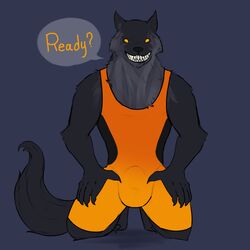 5_fingers anthro balls big_balls black_fur bulge canine claws clothed clothing fenrir_(smite) fur grin kneeling looking_at_viewer male male_only mammal muscular muscular_male norse_mythology olethros orange_eyes sharp_teeth simple_background smile smite solo teeth testicles tight_clothing tight_underwear wolf wrestling_singlet