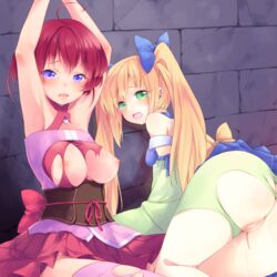 2girls ahoge areolae armpits arms_up blonde_hair blush breasts censored green_eyes highres karin_(momo_kyun_sword) large_breasts long_hair looking_at_viewer medium_breasts momo_kyun_sword mosaic_censoring multiple_girls nipples open_mouth pink_legwear pussy pussy_juice red_hair ringo_(momo_kyun_sword) sweat takano_natsuki tears thighhighs tied_hair torn_clothes torn_thighhighs twintails