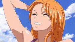 1girls animated animated_gif bikini_bra bikini_top breasts cleavage female female_only gif hair huge_breasts human long_hair nami necklace one_piece orange_hair rainbow screencap shounen_jump solo tattoo voluptuous