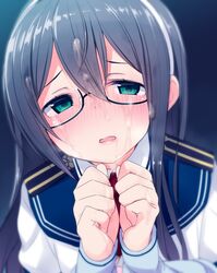 black_hair blush cum cum_on_hair facial female glasses green_eyes hairband kantai_collection long_hair looking_at_viewer nekoume ooyodo_(kantai_collection) open_mouth school_uniform serafuku solo