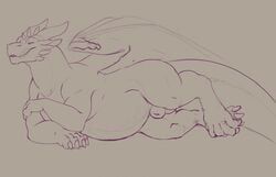 animal_genitalia balls belly big_belly digital_media_(artwork) dragon evalion evalion_(character) lying male male_only monochrome nude sheath sketch smile solo wings