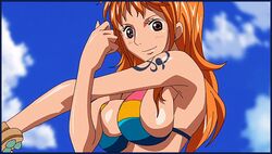 1girls animated animated_gif bikini_top bouncing_breasts breasts brown_eyes cleavage female female_only gif hair human large_breasts log_pose long_hair nami one_piece orange_hair post-timeskip solo stretching