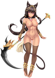 animal_ears anklet armlet black_hair blush bracelet breasts brown_legwear cat_ears cat_tail collar dark-skinned_female dark_skin female full-length_portrait full_length heart-shaped_lock jewelry large_breasts long_hair looking_at_viewer navel nipples nude oni-noboru original portrait pubic_hair purple_eyes pussy scythe simple_background solo standing tail thighhighs toeless_legwear uncensored white_background