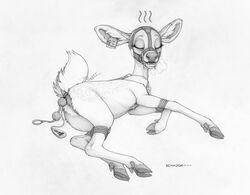 2018 anal anal_beads anal_sex animal_genitalia animal_pussy anus ass bit_gag bondage bondage bound bridle cervine cervine_pussy closed_eyes cloven_hooves collar deer ear_piercing ear_tag ecmajor english_text eyelashes female feral fur gag gagged hi_res hooves lying mammal monochrome on_side open_mouth panting penetration piercing pussy pussy_juice raised_tail rope rope_bondage sex_toy simple_background solo sound_effects spots spotted_fur text vibrator white_background