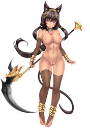 animal_ears anklet armlet black_hair blush bracelet breasts brown_legwear cat_ears cat_tail collar dark-skinned_female dark_skin female heart-shaped_lock jewelry large_breasts long_hair looking_at_viewer navel nipples nude oni-noboru original pubic_hair purple_eyes pussy revision scythe simple_background solo tail thighhighs toe_ring_legwear toeless_legwear uncensored white_background