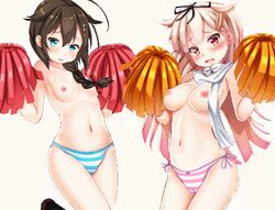 2girls animated big_breasts blue_eyes bouncing_breasts breasts brown_hair ebi_193 female gif kantai_collection multiple_girls nude panties pink_hair pom_poms red_eyes shigure_(kantai_collection) small_breasts striped_panties topless yuudachi_(kantai_collection)