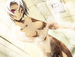 areolae baldr_sky_zero breasts censored dutch_angle female game_cg kikuchi_seiji looking_at_viewer medium_breasts navel nipples nude pussy red_eyes shizel_steinbrecher shower smile solo steam water white_hair