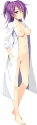 1girls alpha_channel bottomless breasts censored coat effordom_soft female female_only human jyukishi_cutie_bullet kawasaki_maiko labcoat nipples no_bra open_clothes open_shirt png purple_hair shirt solo standing transparent_background transparent_png yellow_eyes yuuki_hagure