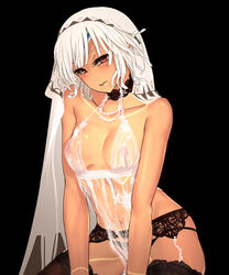 altera_(fate) areolae bare_shoulders black_background black_thighhighs blush breasts choker cleavage collar collarbone cosplay dark-skinned_female dark_skin fate/grand_order fate_(series) garter garter_belt garter_straps i-pan jewelry lingerie looking_at_viewer necklace parted_lips pettanko purple_eyes red_eyes see-through simple_background small_breasts solo stockings thighhighs transparent_clothing veil white_hair