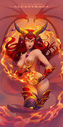 alexstrasza artofcarmen boots breasts detached_collar dragon_girl female fire gauntlets highres horns lips long_hair nipples nude pubic_hair pussy red_hair solo thigh_boots thighhighs uncensored warcraft wings world_of_warcraft yellow_eyes