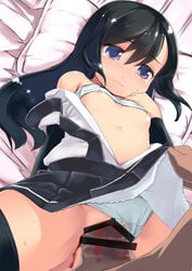 asashio_(kantai_collection) black_hair blood blush breasts censored female gigokku highres kantai_collection long_hair nipples panties panties_aside penis pussy sex small_breasts solo_focus straight tears underwear vaginal_penetration virgin