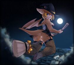 bat blonde_hair blue_eyes blush bow breasts broom cloud drooling fireflufferz flying garter hair legwear magic_user mammal mammalian moon night nipples nude paws saliva sky socks stars stockings tongue wings witch