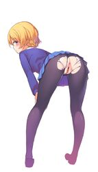 anus ass back_view blonde_hair blue_eyes blush darjeeling female girls_und_panzer looking_back nightmaremk2 pantyhose photoshop pussy school_uniform shiny shiny_clothes skirt solo torn_pantyhose uncensored