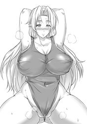 armpits arms_up blush breasts curvy erect_nipples female hair_ornament hairband huge_breasts long_hair mesiuma_joutai monochrome pubic_hair puffy_nipples pussy_peek simple_background solo spread_legs standing sweat swimsuit uncensored wedgie white_background