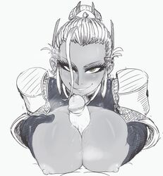 ahoge breast_squeeze breasts dark-skinned_female dark_skin emira_(thetenk) eyelashes female gloves grin hair_bun highres huge_ahoge huge_breasts looking_at_viewer monochrome naughty_face nipples original paizuri pauldrons penis pov precum saliva seductive seductive_smile short_hair sketch smile solo_focus spot_color straight thetenk tiara uncensored yellow_eyes