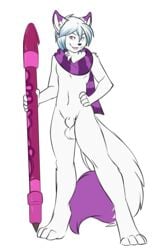 absurd_res alpha_channel anthro balls ceru feline fur furry girly hair hi_res jailbird looking_at_viewer male mammal pen plain_background purple_eyes scarf sheath solo standing transparent_background white_fur white_hair