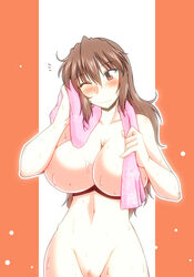 bach blush breasts brown_eyes brown_hair drying drying_hair female huge_breasts long_hair navel nude original pubic_hair pussy solo standing towel uncensored wet wince