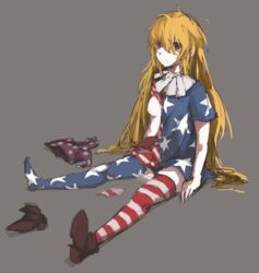 alternate_legwear american_flag american_flag_legwear american_flag_shirt blonde_hair breast_slip broken_rape_victim clownpiece cum cum_in_mouth cum_in_pussy empty_eyes female female_focus female_only grey_background hat hat_removed headwear_removed highres jester_cap long_hair nipples one_breast_out red_eyes shoes_removed single_shoe sitting solo team_shanghai_alice tears thighhighs torn_clothes touhou unitsu very_long_hair