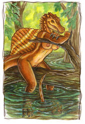 2013 breasts caribou_(artist) dinosaur female forest non-mammal_breasts pussy scalie solo spinosaurus theropod thick_tail tree water