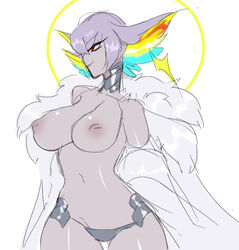 1girls breasts detached_collar female female_only fur_coat grey_skin hourglass_figure inverted_nipples kill_la_kill kiryuuin_ragyou large_breasts lowleg lowleg_panties milf multicolored_hair navel nipples nox_(artist) off_shoulder panties rainbow_hair red_eyes rough silver_hair sketch smile solo thigh_gap topless tsurime underwear