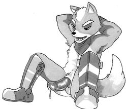 1boy anthro arms_behind_head balls bandana black_and_white canine clothing dripping erection footwear fox fox_mccloud glitter_trap_boy looking_down male male_only mammal marker_(artwork) monochrome nintendo nipples nude open_mouth penis precum reclining sharp_teeth sheath sitting solo spread_legs spreading star_fox teeth toned traditional_media_(artwork) video_games